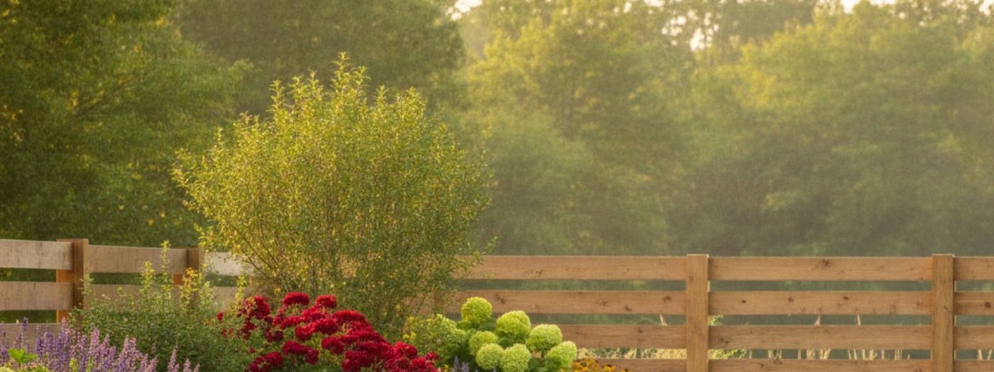 A mature tree line standing behind a cedar fence in low gold light.